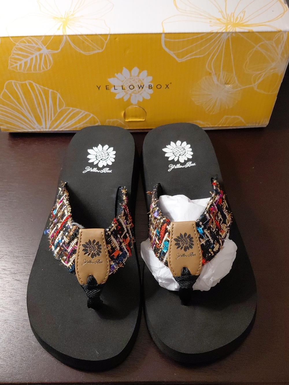 Yellow Box Frisia Black Platform Flip Flops  with Multicolor Tweed Detail. NWT - Picture 2 of 7